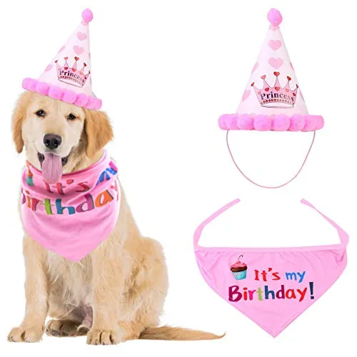 NATUCE Dog Birthday Bandana Sciarpe e Cappello Buon Compleanno Carino Partito per Cani Pet Decorazioni Regalo di Compleanno Set (Rosa)