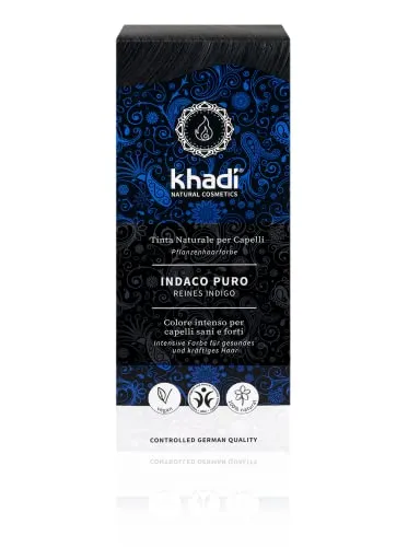 khadi INDIGO PUR NERO FREDDO Colorazione vegetale, da un misterioso nero profondo a un blu-nero scintillante, 100% naturale, vegano e senza ingredienti sintetici, Cosmetici naturali certificati, 100 g