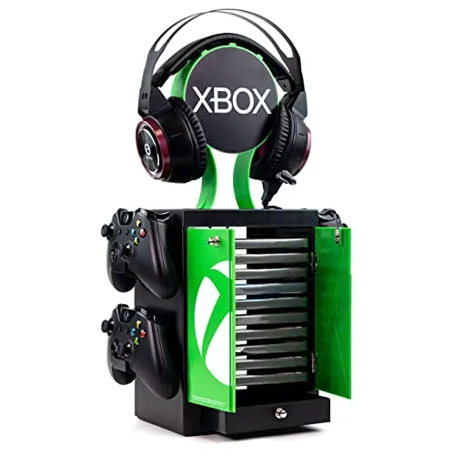 Numskull - Armadietto per videogiochi ufficiale Xbox Series X, supporto per cuffie e porta controller – memorizza 10 custodie per giochi o dischi Blu-Ray, 4 controller Xbox