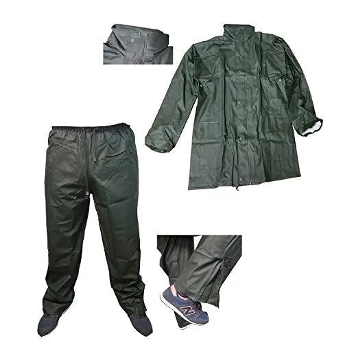 Completo Da Lavoro Impermeabile Gommato Antipioggia Giacca e Pantalone Con Cerniera ed Elastici Verde In Poliuretano- Tuta Protettiva Antipolvere Antisporco Idrorepellente (Giacca e Pantalone, xl)