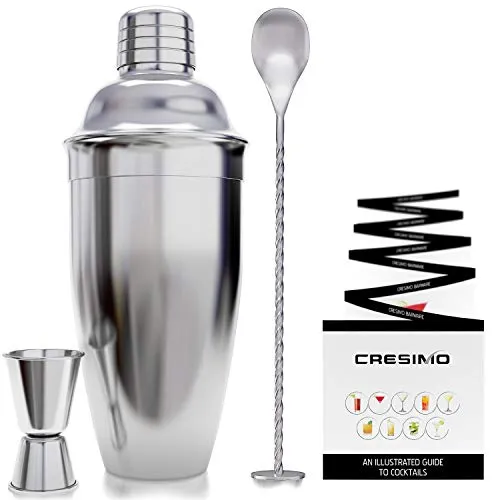 Cresimo Kit Cocktail Shaker Professionale Martini – Set Barman 6 Pezzi Contiene Shaker 700 ml con Colino Integrato Misurino Mescolatore/Agitatore E Libro Ricette – Materiali Pregiati Acciaio Inox