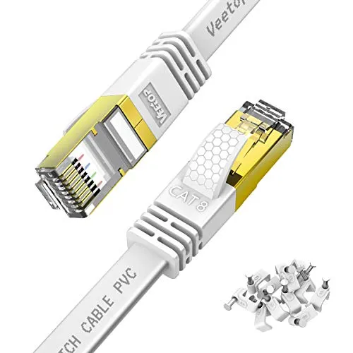 Veetop Cavo Ethernet 20 Metri Cat 8 Piatto LAN Rete RJ45 in Oro per Alta velocità 40 Gigabit / 2000 MHz (Bianco)