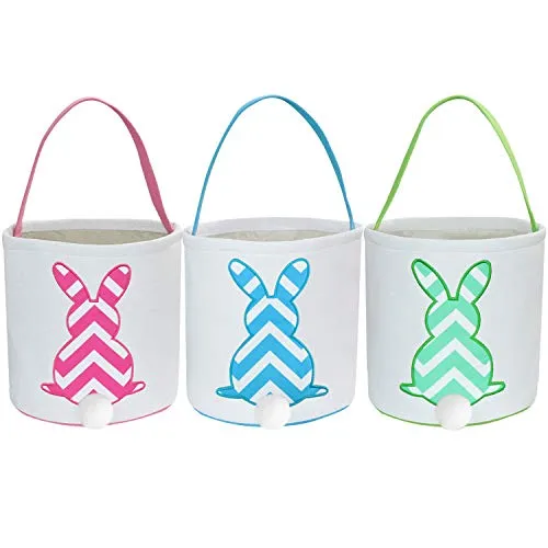Confezione da 3 Grandi cestini per Coniglietti pasquali, Sacchetti di Pasqua in Tela di Cotone con Secchiello per la Caccia alle Uova dei Bambini (Style 3,Pink + Green + Blue)