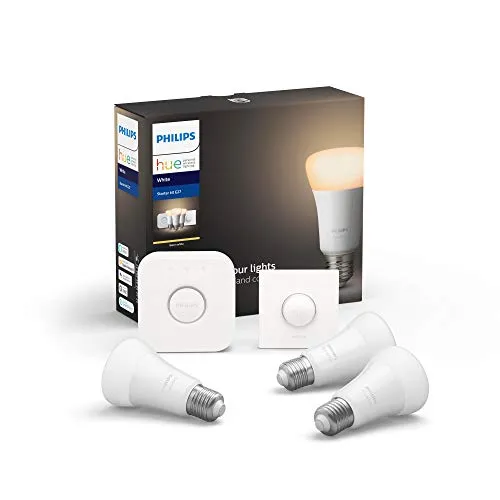 Philips Lighting Hue White Starter Kit con 3 Lampadine Attacco E27, con Bluetooth, Luce Bianca Calda Dimmerabile + 1 Bridge Hue Controllo + 1 Telecomando Hue Smart Button, Bianco
