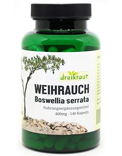 Capsule d'incenso 400mg, Boswellia Serrata, 140 capsule, alto dosaggio, senza additivi - 1600mg per dose giornaliera - 100% estratto d'incenso indiano, 65% acido boswelico, produzione tedesca