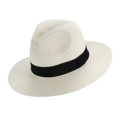 EightSpace Cappellino da donna Panama da uomo, pieghevole, resistente ai raggi UV, ampio cappello Fedora, bianco, Taglia unica