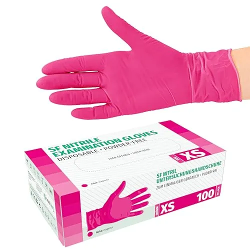 Guanti in Nitrile, 100 pezzi scatole (XS, Magenta), guanti da visita monouso, senza polvere, guanti per la pulizia, cucina sanitaria, pulizia della cucina, senza lattice, pulizia sicurezza manipolazio