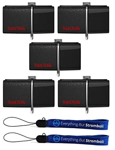 SanDisk 64GB Ultra Dual USB Drive 3.0 (5 Pack Bundle) Flash Drive With Micro USB Connector Works with Android Mobile Devices (SDDD2-064G-A46) Plus (2) Everything But Stromboli (TM) Lanyard