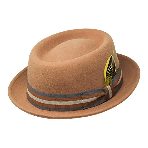 Borges & Scott Defoe Premium - Cappello Porkpie con Piuma Rimovibile - 100% Feltro di Lana - Resistente all'Acqua – Ripiegabile per Viaggio - 58cm Caramello