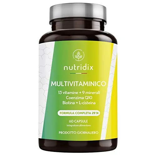 Multivitaminico Multiminerale Naturale | 29 Nutrienti Attivi | 9 Minerali, 13 Vitamine (A, D, C, D, E, K), Biotina, Coezima Q10 e L-cisteina | 60 Capsule | Prodotto da Nutridix