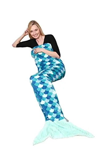 Coperta Sirena, in morbido pile. Soffice e calda microfibra, plaid ideale per regalo Natale o per comodo relax sul divano in casa, lunga 200 cm. KANGURU SIRENA TURCHESE