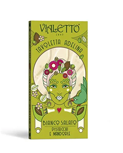 VIALETTO Adelina | Cioccolato Bianco Salato con Pistacchi e Mandorle| Tavoletta da 90 grammi