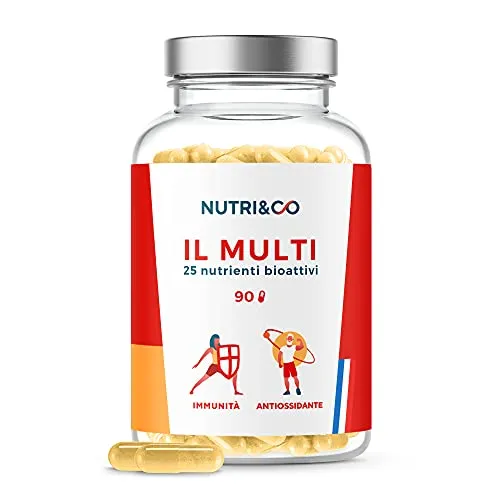 Multivitaminico Multiminerale | 25 Vitamine e Minerali con Zinco, Magnesio, Coenzima Q10, Vitamina A,B,C,D3,E,K2 | Integratore Multivitaminico Completo per Uomo e Donna | 90 Capsule | Nutri&Co