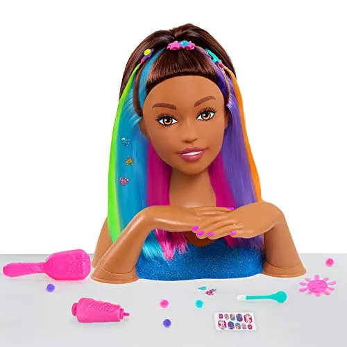 Barbie Rainbow Sparkle Deluxe 27 pezzi Styling testa con cambiamento di colore, capelli castani, finta di giocare
