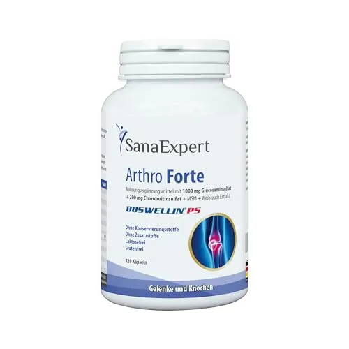SanaExpert Arthro Forte | SUPPORTO NATURALE PER ARTICOLAZIONI E OSSA | con MSM, glucosamina solfato, condroitina, senza additivi (120 capsule). Ingredienti 100% naturali.