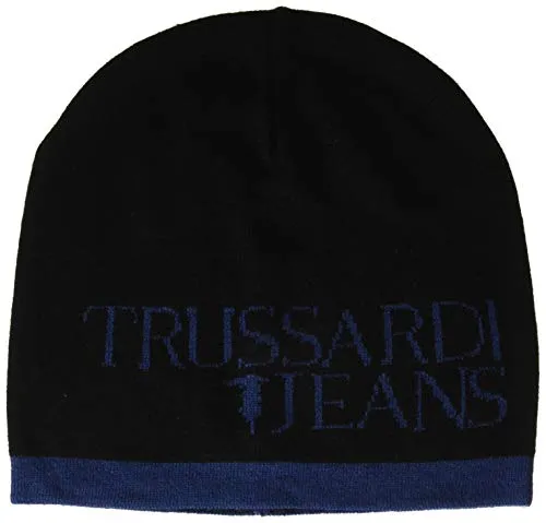 Trussardi Jeans Beanie Knit Jacquard Logo Mist Berretto, Multicolore (Black + Blu K303), One Size (Taglia Produttore:Uni) Uomo