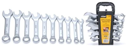 Rolson Tools 46853 - Set di 10 chiavi in cromo vanadio lucidato a specchio, con supporto per sistemazione