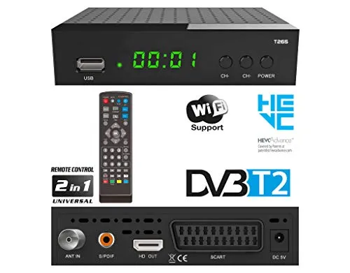 DVBT2 Ricevitore Full HD 1080P per TV WIFI (HEVC/H.265 HDMI SCART, USB 2.0, DVBT-2, DVB-T2, DVB T2, DVBT 2), Reciver, Resiver, Ricevitore, Nero