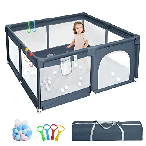 HABOWN Box per Bambini 127 x 127cm - Box Recinto per Bambini Pieghevole con rete traspirante, Box Neonato Centro di Attività per Bambini con 50 Ocean Ball e 4 Anelli, Grigio