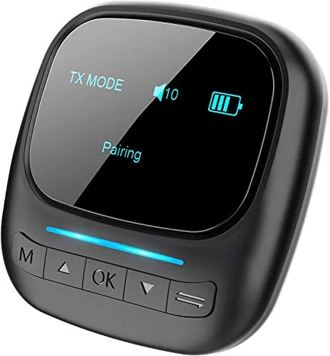 Kaulbiat Ricevitore trasmettitore Bluetooth 5.0 visibile per TV PC, schermo OLED 2 in 1 Adattatore audio Bluetooth wireless con schermo OLED ， Uscita stereo AUX RCA da 3,5 mm