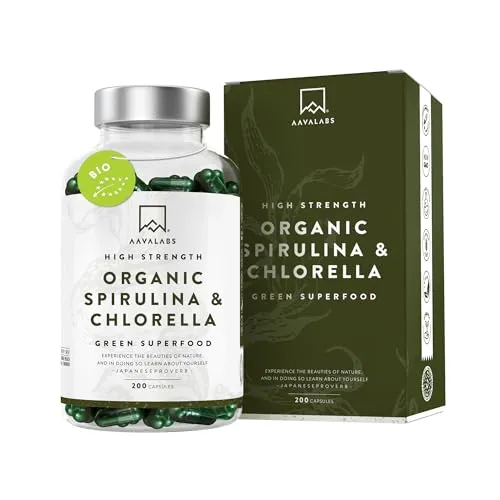 Spirulina & Chlorella Bio [1800 mg] AAVALABS - Alga Spirulina Bio Compresse - Clorella e Spirulina Polvere da Alghe Naturali di Alta Qualità con Fitonutrienti - Ideale per Frullati - 200 Capsule Vegan