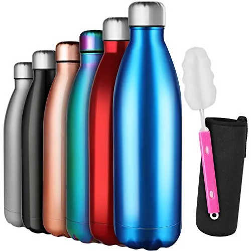 GeeRic Bottiglia Termica 1 Litro, 1L Borraccia in Acciaio Inox+Spazzola+Borsa Portatile Bottiglia Acqua Sportiva Tenere 12H Caldo/24 Freddo Borraccia Termica 1000ML per Scuola,Sport,Palestra Blu