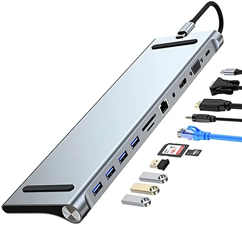 Wowssyo USB C Hub 11 in 1,Adattatore USB C per MacBook Pro/Air, HDMI 4K VGA PD 100W Ethernet SD/TF Audio USB 3.0 / 2.0, per iPad Pro m1, XPS,Pro7/Pro X Chromebook Samsung Huawei ,PC Portatili
