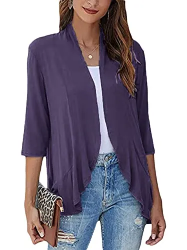 Onsoyours Donna Elegante Chiffon Bolero Maniche 3/4 Cardigan Estivo Corto Trasparente Leggero Giacca Elegante Coprispalle Leggero Top per Cerimonia Festiva A Viola L