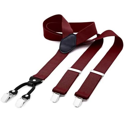 DonDon Bretelle uomo larghe 4 clips in pelle a y - elastiche e regolabili, Rosso bordeaux