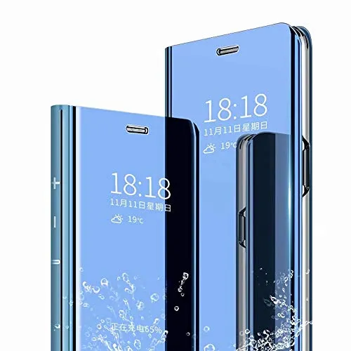FanTing Cover per Huawei P30 PRO，Flip Custodia Cover con Funzione Kickstand Ultra-Sottile Specchio Traslucido Cover Smart Cover, Flip Cover PU Silicone Custodie-Blu