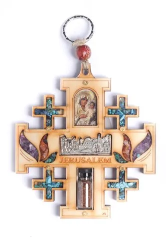 Jerusalem croce in legno da appendere alla parete, colore: Bianco, Maria, Gesù bambino Icon acqua Santa regalo
