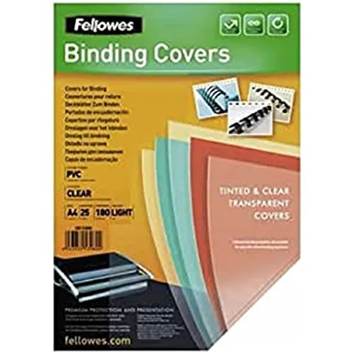 Fellowes 5380001 Copertine per Rilegatrice in PVC Trasparente, Formato A4, 180 Micron, Confezione da 25 Pezzi