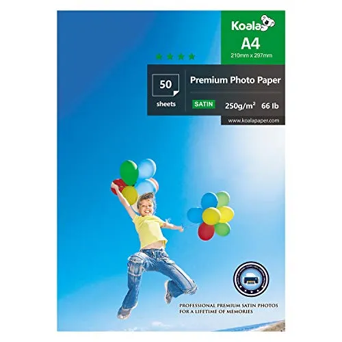 KOALA - Carta fotografica Satinata A4, 250 g/m², 50 fogli con rivestimento in resina satinata avanzata per stampanti a getto d'inchiostro Canon Hp Epson