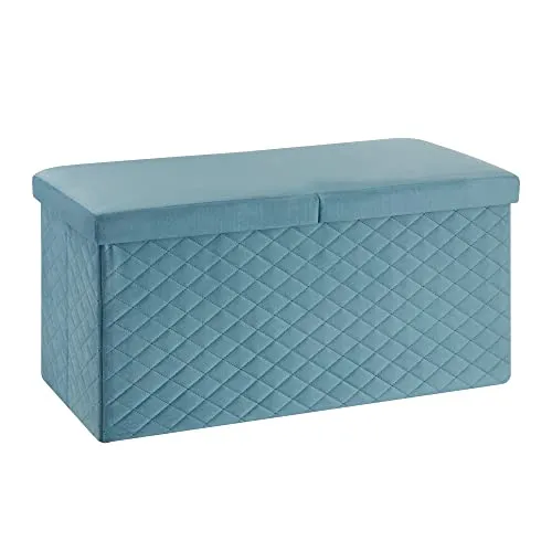 Baroni Home Cassapanca Pieghevole, Contenitore Portaoggetti, Pouf Poggiapiedi Velluto Blu Petrolio 76x38x38 cm