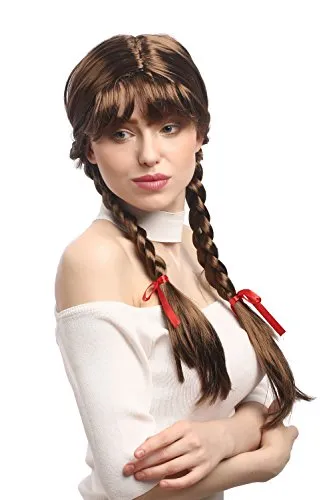 WIG ME UP ® - XR-008-P6 Parrucca Donna Carnevale Cosplay Trecce con Fiocchi Frangetta Scolaretta Lolita Castano Circa 60 cm