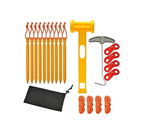 Tiardey 10Pcs Set di picchetti per Tende in Alluminio Leggero,Kit di Accessori per picchetti da Campeggio,Martello di plastica,estrattore per Chiodi con Borsa per Campeggio Facile - Giallo