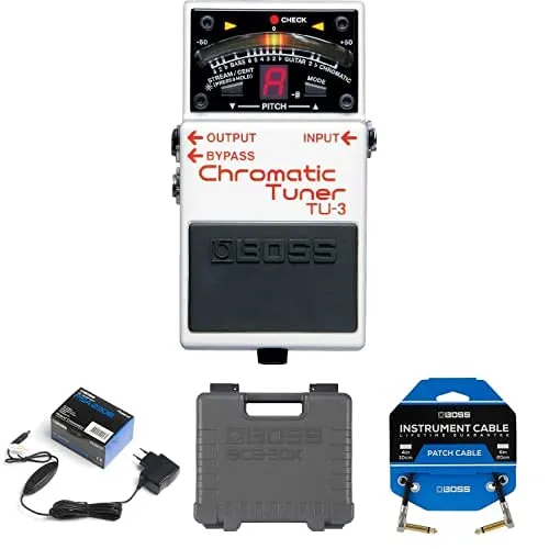 BOSS TU-3 Accordatore Cromatico a Pedale per Chitarra in bundle con un alimentatore PSA, BCB-30X Pedaliera Effetti per Chitarra Ultra-Portatile e una confezione da 3 patch cable per pedaliere