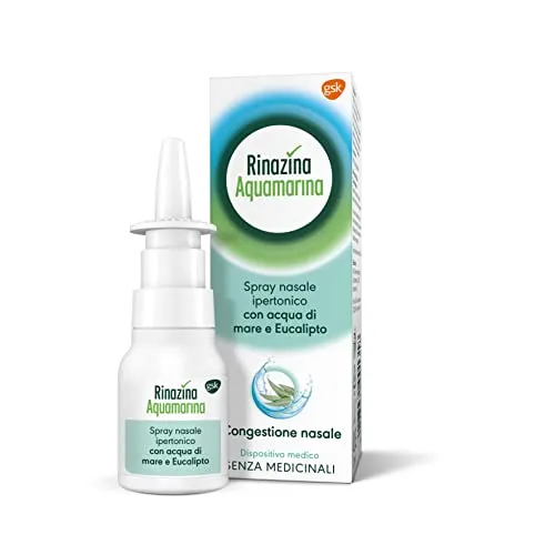 Rinazina Aquamarina Spray Nasale Ipertonico con Acqua di Mare ed Eucalipto, Dona Sollievo dalla Congestione Nasale da Raffreddore e Rinosinusite, 20 ml