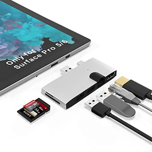 Rytaki Hub USB Surface Pro 5/Pro 6 Docking Station, con Porta Ethernet, HDMI 4K, 2 Porte USB 3.0, Lettore di schede SD/Micro SD, per Surface PRO 2017/2018