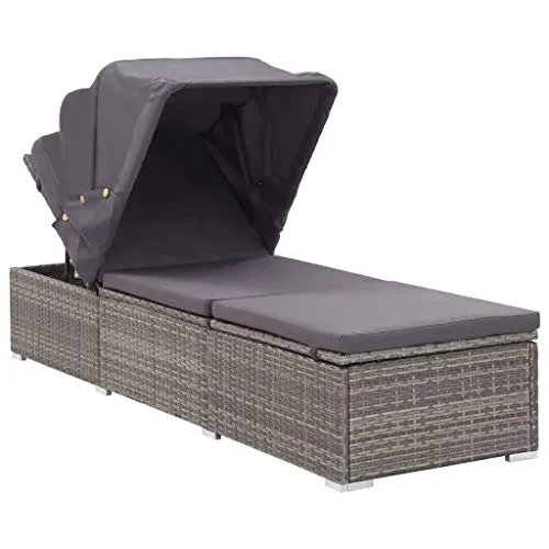 Festnight Lettino Prendisole con Tettuccio e Cuscino in Polyrattan Grigio Sedie a Sdraio da Giardino 195 x 60 x 110 cm Rattan Grigio + Cuscino Grigio Scuro