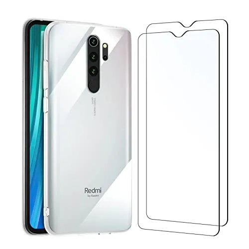 NEW'C Cover per Xiaomi Redmi Note 8 Pro Gel TPU in silicone ultra trasparente e 2 × vetro temperato per Xiaomi Redmi Note 8 Pro, pellicola protettiva per schermo