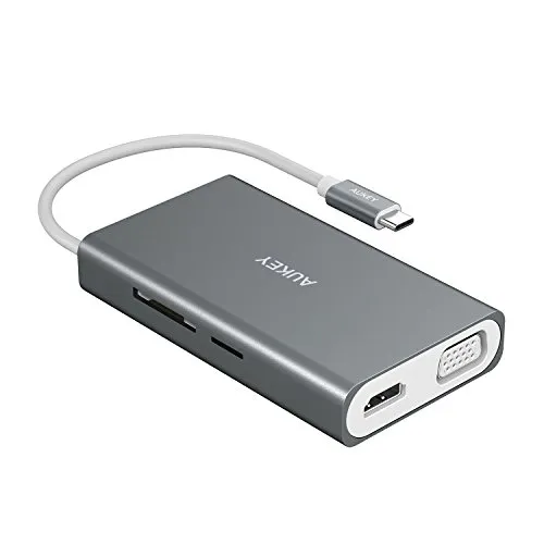 AUKEY Hub USB C HDMI 4k, Ethernet 1000 Mbps, Lettori SD e Micro SD, 2 Porte USB 3.1, Porta di Carica 100W e VGA in Alluminio Adattatore Multi-Porta USB C per MacBook PRO 2016/2017, iMac 2017 ECC.