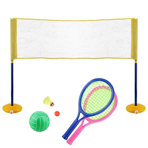 Lixada Set da Badminton Mini per Bambini con 2 Racchette Volano Pallavolo Piccola Palla Rete per Bambini Giochi da Spiaggia Giardino Parco