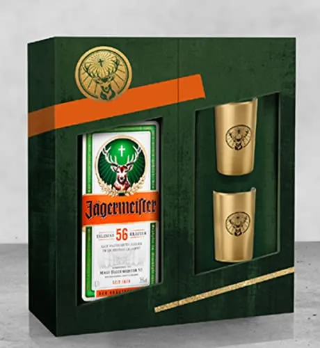 Jägermeister 70cl Special Pack - Limited Edition con due bicchieri shot in metallo. Liquore a base di 56 Botaniche. Da servire ghiacciato. 35% Vol.