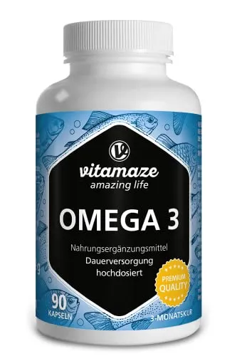 Vitamaze® Omega 3 1000mg per 1 Capsula (per 3 Mesi) Alto Dosaggio, Puro Olio di Pesce con 400 mg (40%) EPA e 300 mg (30%) DHA per Capsule, FOS Certificato, Fish Oil, Qualità Tedesca.