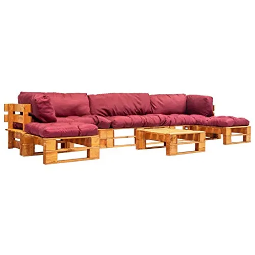 vidaXL Legno Pino Divano da Giardino su Pallet 6 pz con Cuscini Rustico Robusto Sofa Seduta Esterni Ottomana Interni Esterni Rosso