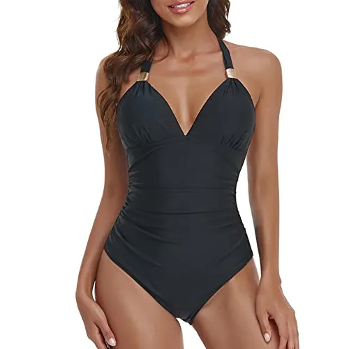 Costume da Bagno Intero da Donna,con Scollo a V, Spalline Regolabile, Reggiseno Imbottito con Coppe Interne Non Rimovibili Bikini Backless Un Pezzo Unico (Nero, L)