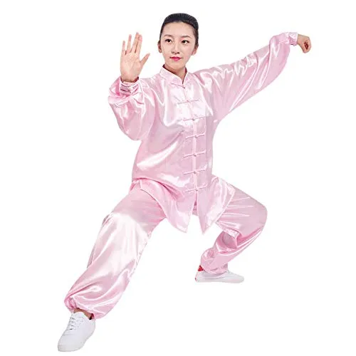 BOZEVON Unisex Tai Chi Abbigliamento Abiti da Arti Marziali Maniche Lunghe Poliestere Uniforme Kung Fu Pantaloni Camicia, Rosa