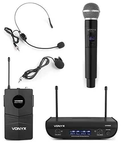 Vonyx WM82C Digital - Sistema Radiomicrofono UHF, 2 Canali, 1x Microfono Headset & Trasmettitore Tascabile/1 x Microfono a Mano, Fino a 50 m di Copertura, Valigia di Trasporto