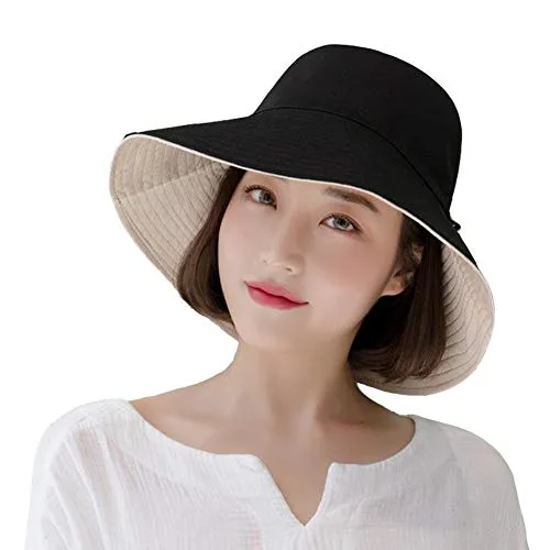 Yuccer Cappello da Sole Donna, Cappello Pescatore Cotone Pieghevole Sun Hat for Women Autunno Inverno Anti-UV Estate (B Nero)